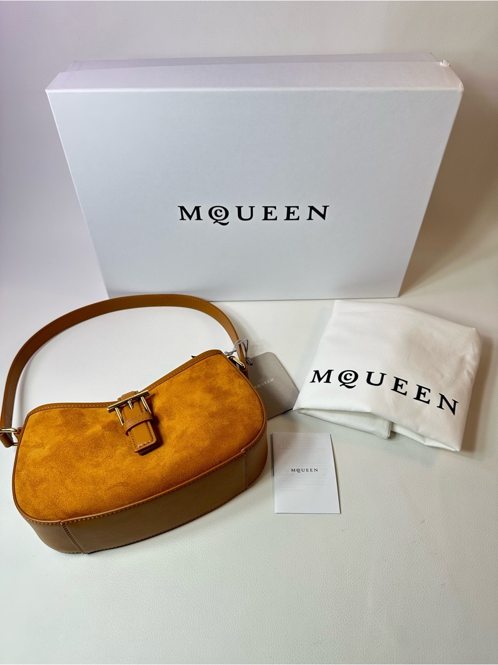 NEW ALEXANDER MCQUEEN LIGHT BROWN SUEDE LEATHER MINI T-BAR BUCKLE SHOULDER BAG - Picture 7 of 8